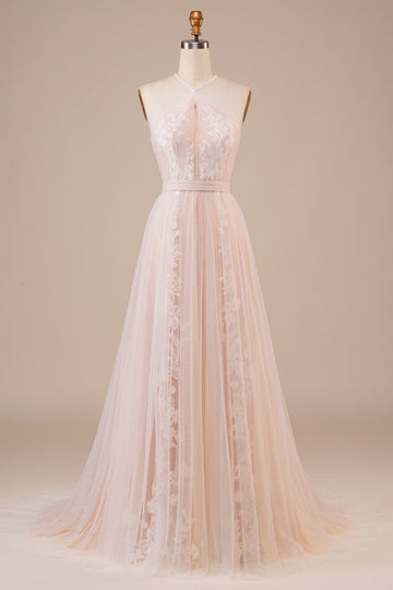 Tulle Halter Nøkkelhull Champagne brudekjole med applikasjoner